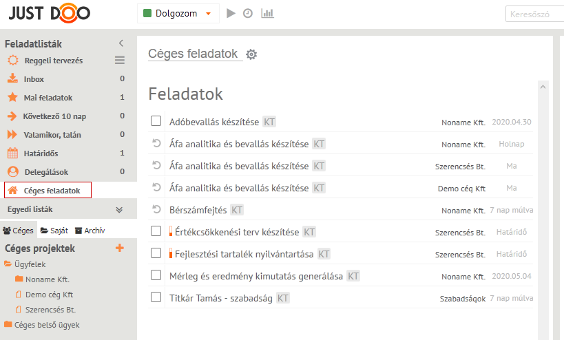 Céges feladatok lekérdezése munkatársanként