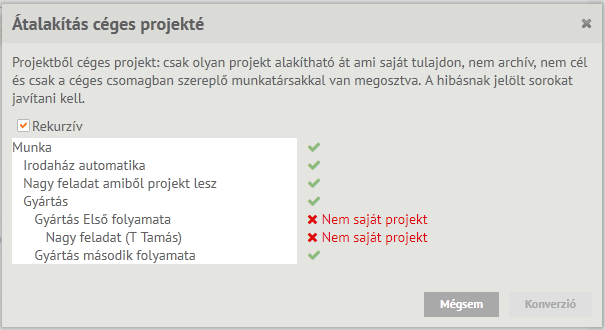 Céges projektek konvertálása