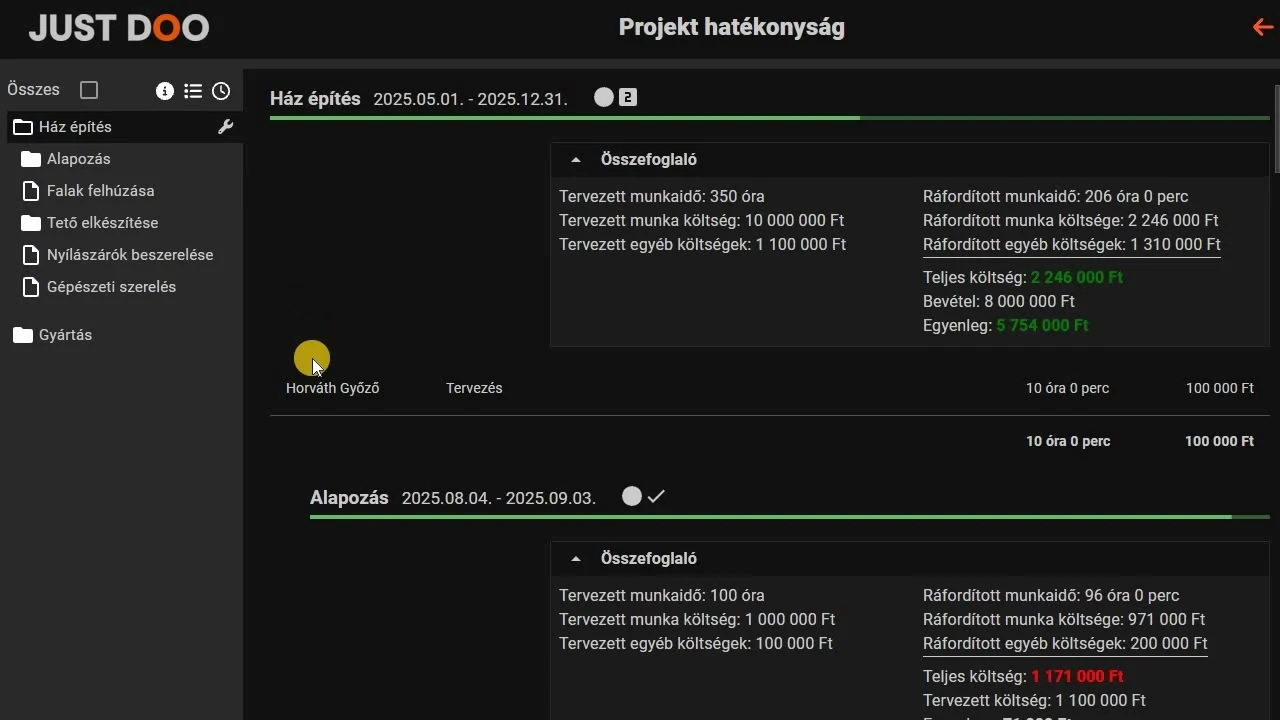 JustDoo részletes projektösszesítő nézet